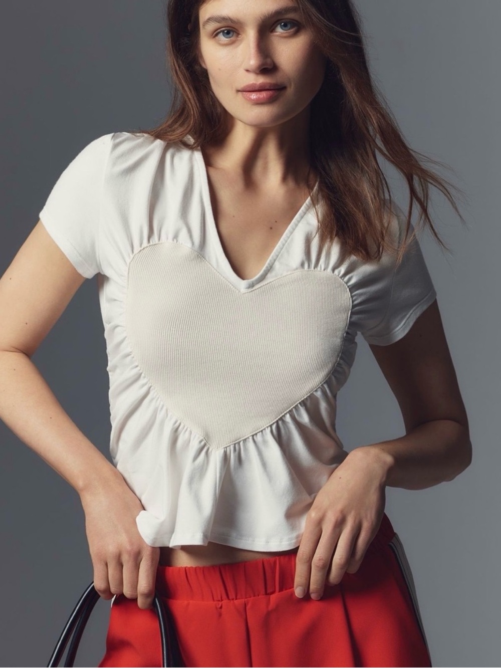 Maeve Heart Embellished V-Neck Tee in white NWT S